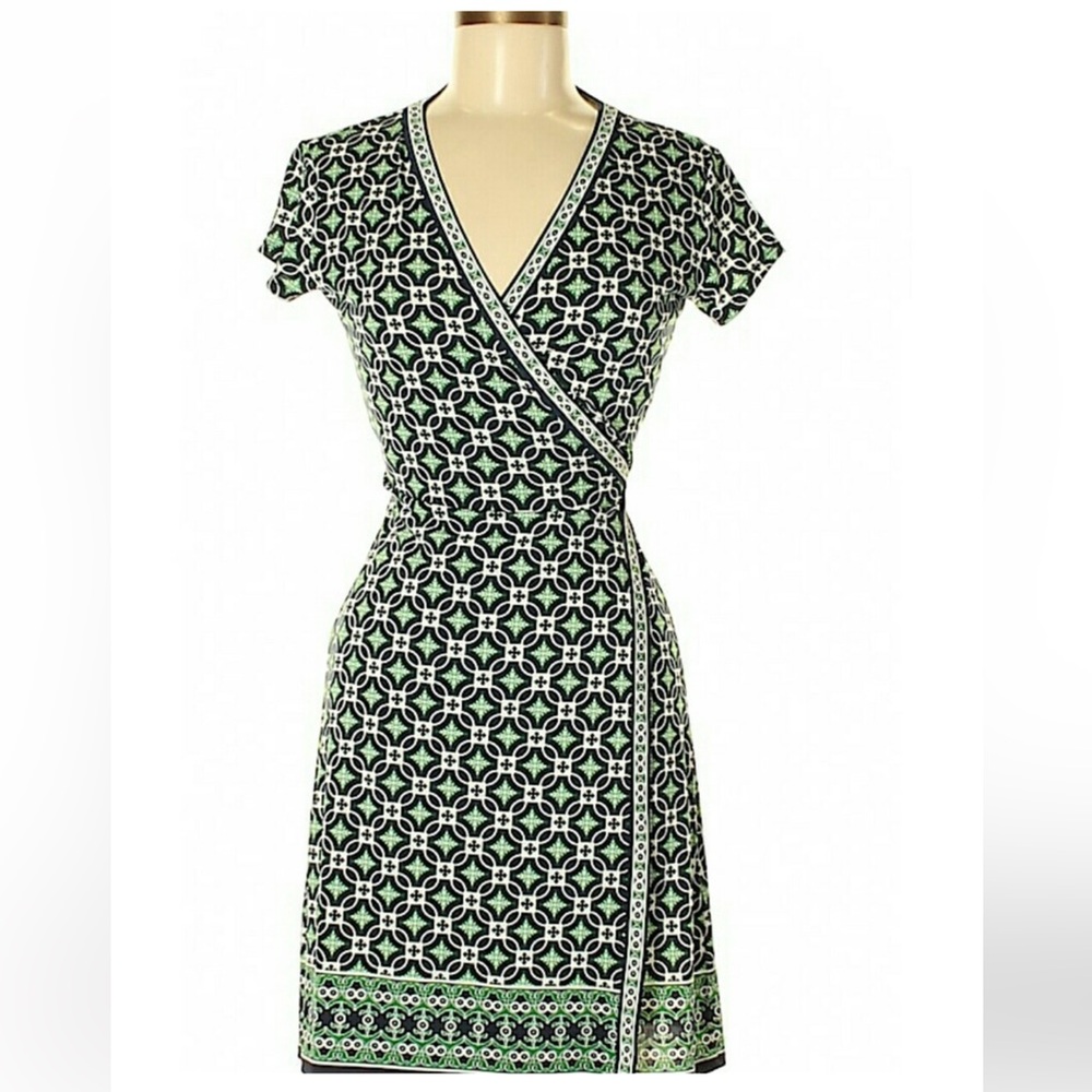 Max Studio Navy Green Tile Wrap Dress small workwear